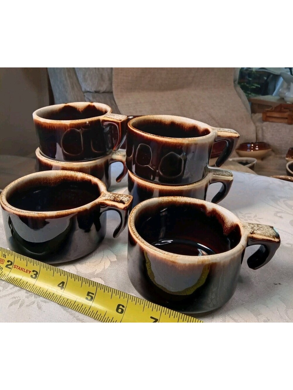 Vintage Pfaltzgraff Gourmet Brown Drip Coffee Mugs Flat Cups Set of 6 USA MCM...